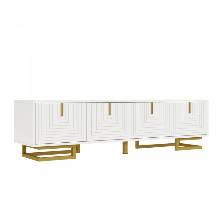 Aspect Meuble TV 63 po avec Portes Texturees et Pieds Dores, Blanc