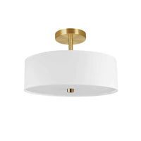 Plafonnier semi-affleuré Everly de Dainolite avec abat-jour blanc, fini laiton vieilli et 3 ampoules