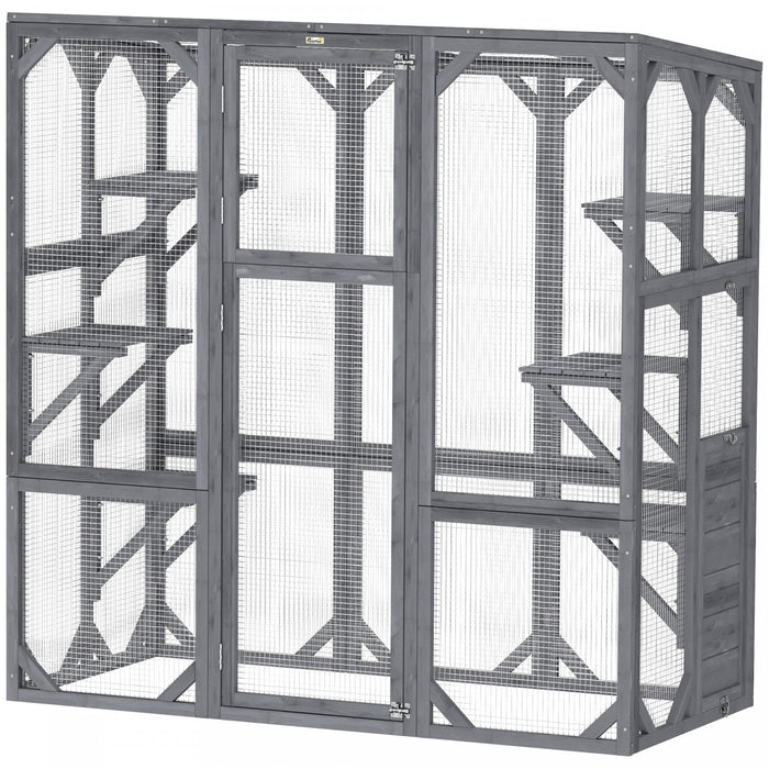 Catio Pawhut, Enclos D'exterieur Pour Chat Avec 6 Plates-formes De Saut, Toit Resistant Aux Intemperies, Grande Porte D'entree, Niche En Bois Pour 1 A 3 Chatons, 150 Cm X 71 Cm X 152 Cm, Gris