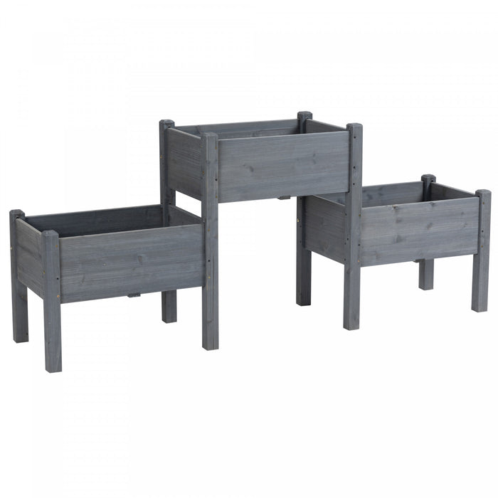 Outsunny Lit De Jardin Sureleve Avec 3 Jardinieres, Support Pour Plantes En Bois Autoportant Avec Trous De Drainage, Pour Legumes, Herbes Et Fleurs, Gris