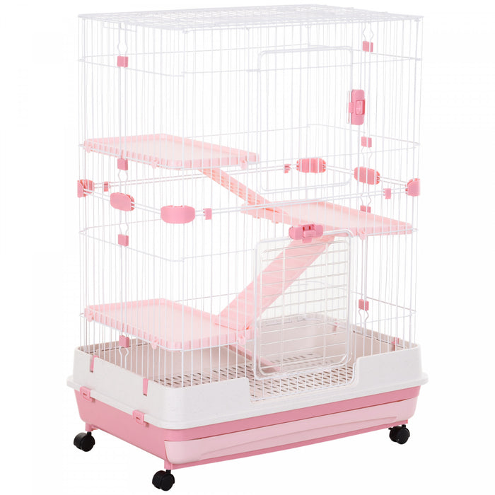 Pawhut 43 \"h Cage Pour Petits Animaux, Cage A Lapin A 4 Niveaux Avec Support Roulant, Cage Pour Chinchilla Avec Portes, Plateau Coulissant, Rose
