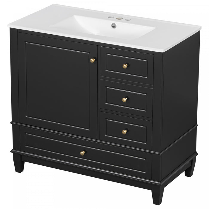 Fanny Meuble-lavabo de 36\" avec vasque en ceramique et charnieres a fermeture douce, Noir