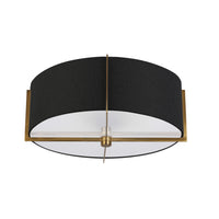 Plafonnier semi-affleuré Preston de Dainolite avec abat-jour noir, fini laiton vieilli et 3 ampoules