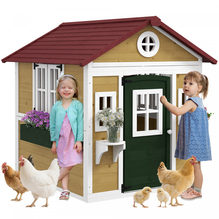 Outsunny Maison de jeux d'exterieur pour enfants, equipement de jeu d'exterieur en bois avec porte, fenetres, pots de fleurs et boites pour les tout-petits de 3 a 8 ans, beige