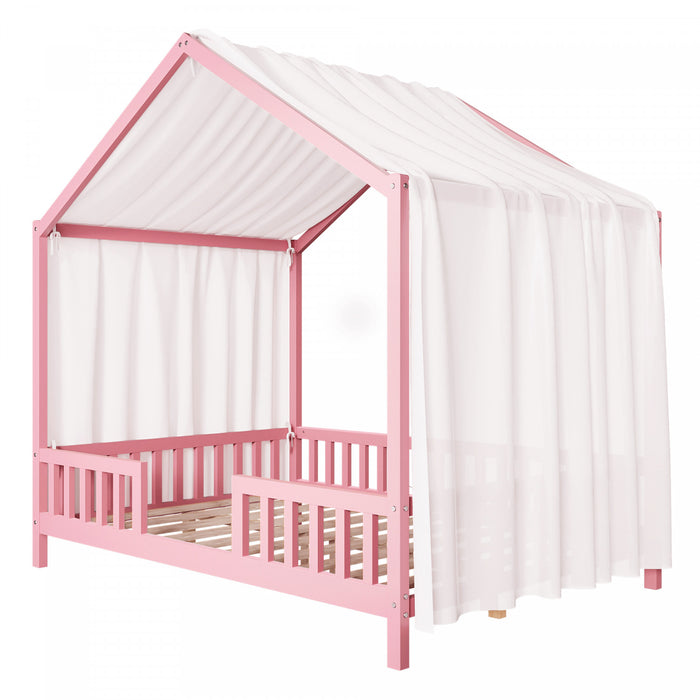 Paul Lit Montessori au sol avec baldaquin et barrieres hautes, Taille Double, Rose