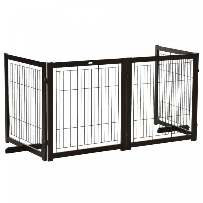Pawhut Barriere De Securite Pour Animaux Barriere Modulable Pliable 4 Panneaux En Bois De Pin Massif 2 Pieds Support 120\" X 14\" X 32.25\" Cafe Et Noir