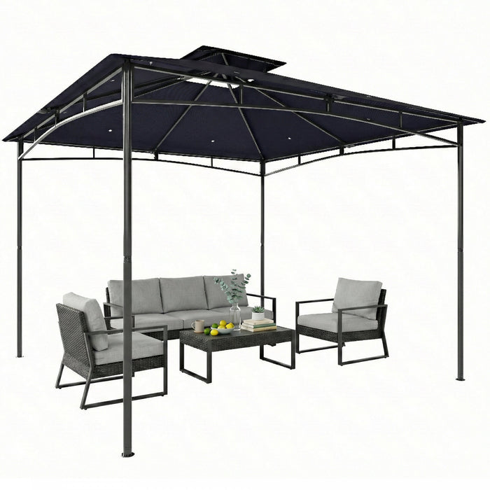 Outsunny Gazebo 3 m x 3 m, Tonnelle de Jardin a Toit Souple a 2 Niveaux, Bleu Marine