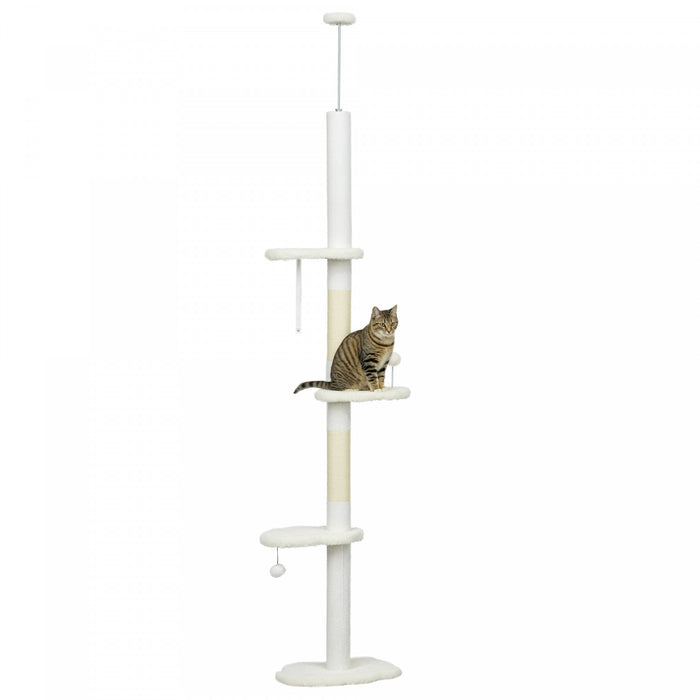 Arbre A Chat Pawhut Du Sol Au Plafond Avec Griffoirs, Tour Pour Chat Reglable En Hauteur De 225 A 255 Cm Avec Plateformes En Forme De Nuage, Balles Suspendues, Blanc