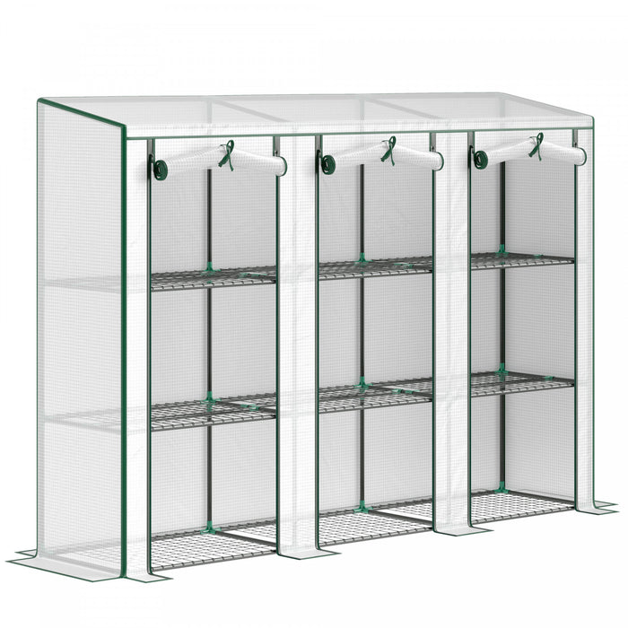 Outsunny Mini Serre Adossee Avec 3 Etageres, 3 Portes Enroulables, Blanc
