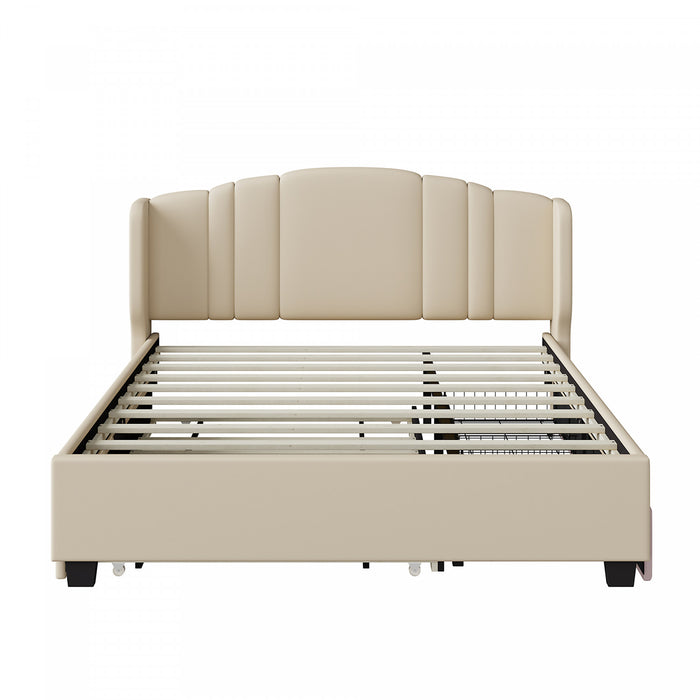 Lit plateforme Jean rembourre avec tete de lit a oreilles et tiroirs de rangement, taille queen, beige
