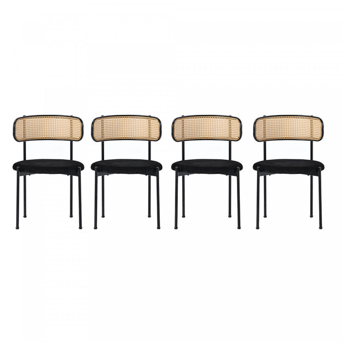 Chaises de salle a manger Mason en rotin avec pieds en metal et coussins en velours, lot de 4, noir