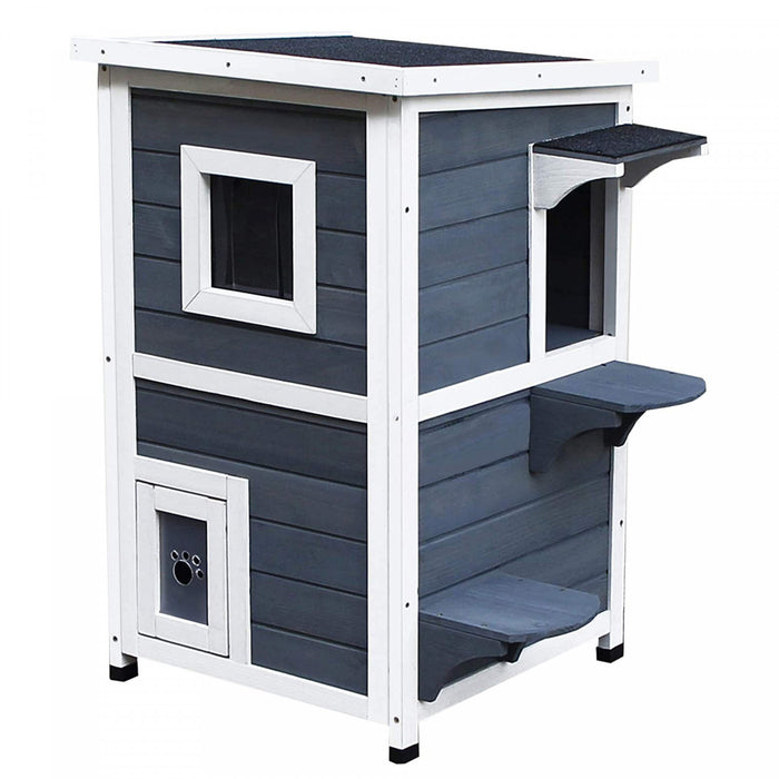 Pawhut Histoire Maison Pour Chats Exterieure, Enceinte Pour Chats Exterieure Abri Pour Chats En Bois Avec Fenetres, Plates-formes, Toit Ouvrant, Toit Asphalte, Gris