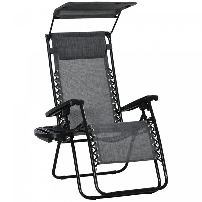 Outsunny Chaise Longue Pliable Avec Auvent, Plateau Lateral, Porte-gobelet