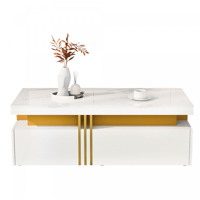 Noah table basse moderne – table avec plateau a motif marbre et tiroirs de rangement, blanc