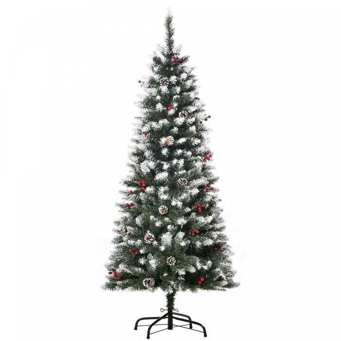 Homcom Sapin De Noel Floque Avec Baies Rouges, Pommes De Pin, Vert