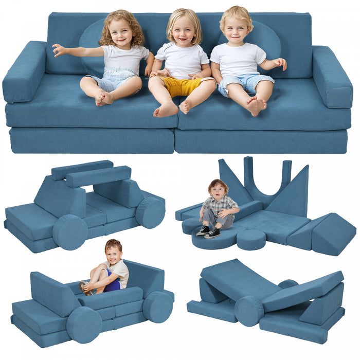 Qaba Canape De Jeu Modulaire Pour Enfants 12 Pieces Pour Salle De Jeux, Chambre A Coucher, Canape Convertible Pour Enfants En Mousse Et Coussin De Sol, Garcons Et Filles, Bleu