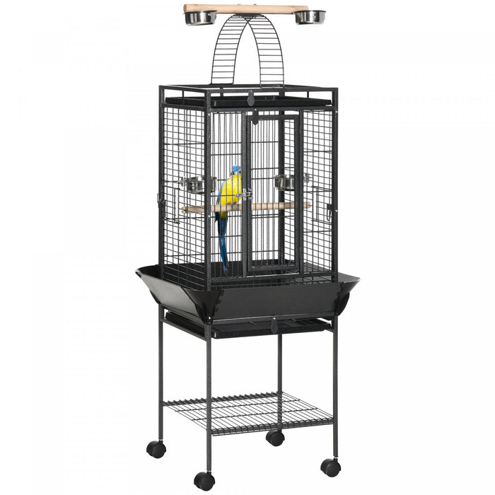 Pawhut Cage A Oiseaux De 61 Pouces Pour Pinsons, Perruches Avec Support, Plateau Coulissant, Dessus De Jeu, Etagere De Rangement, Perchoir En Bois, Recipient Alimentaire