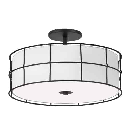 Plafonnier semi-affleuré Alcala de Dainolite avec abat-jour blanc, fini noir mat et 3 ampoules