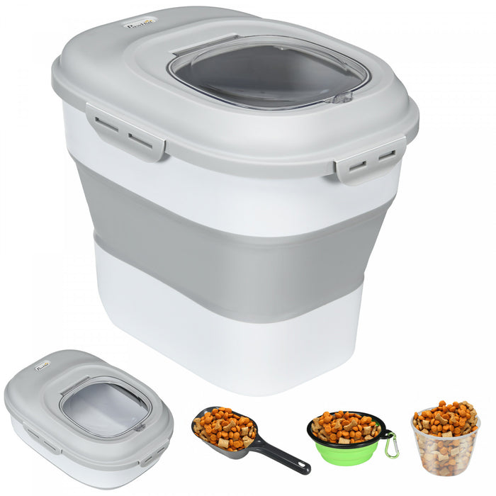Pawhut Recipient De Stockage De Nourriture Pour Chien, Pliable De 11 A 55 Lb, Avec Couvercles Hermetiques, Roulettes, Bac De Stockage De Nourriture Pour Animaux Avec Tasse, Bol, Cuillere, Gris