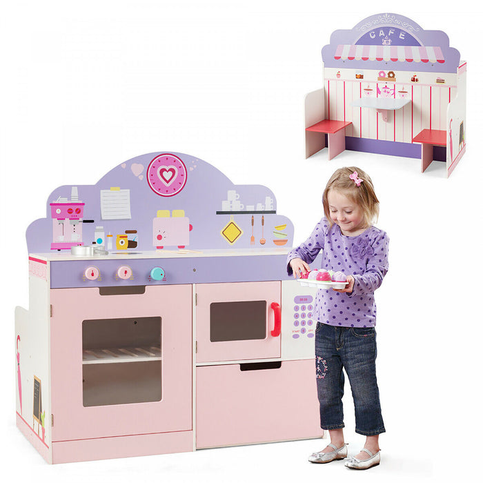 Cuisine Enfants Avec Restaurant En Bois 2 En 1, Jeu D’imitation Educative Avec Salle A Manger, Cuisine Evolutive Avec Four Et Micro-ondes, Ideal Pour Enfants De Plus De 3 Ans