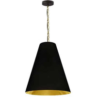 Luminaire suspendu moyen Anaya de Dainolite avec abat-jour noir et doré, fini laiton vieilli et 1 ampoule