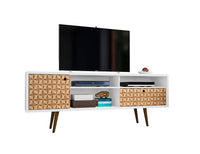 Meuble pour téléviseur Liberty de Manhattan Comfort de 70,86 po de style moderne du milieu du 20e siècle avec 4 tablettes et 1 tiroir - blanc et brun