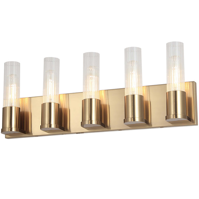 Lumière de coiffeuse Tube de Dainolite en verre cannelé transparent, avec fini laiton vieilli et 5 ampoules