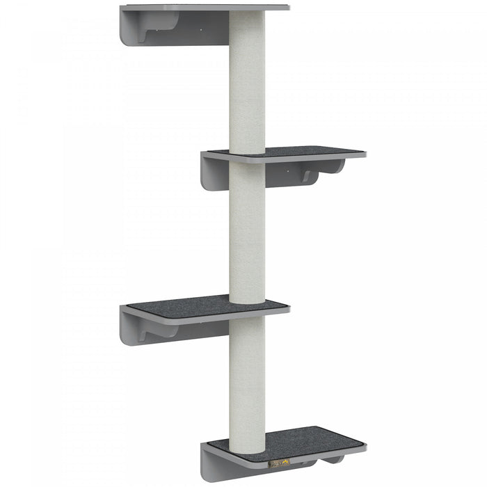 Pawhut Cat Wall Climber Avec 4 Plateformes Et 3 Griffoirs, Tablette Murale Pour Chat Pour Grimper Et Se Detendre, Tapis Moelleux Inclus, Gris Pale