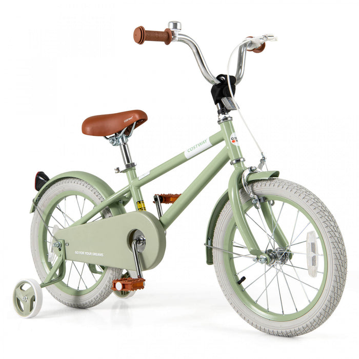 Costway 16\" Velo Pour Enfants Avec Guidon Reglable De Selle Roues D'entrainement Amovibles Frein A Main Vert