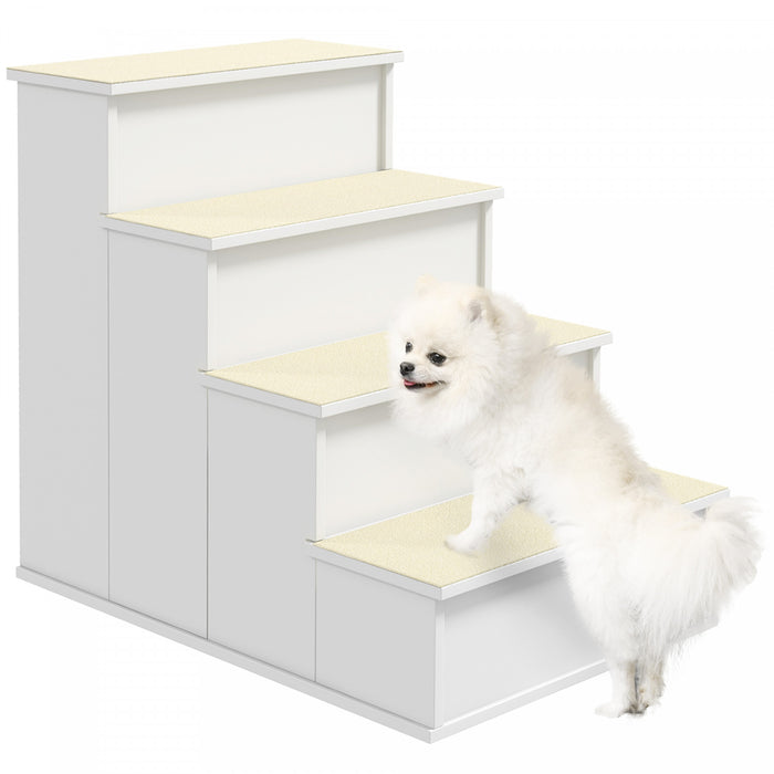 Pawhut Marche Escaliers 4 Niveaux En Bois Chien Pour Animaux De Compagnie Pour Lit Haut, Echelle De Chat Pour Canape De Lit Avec Tapis Antiderapant, Blanc