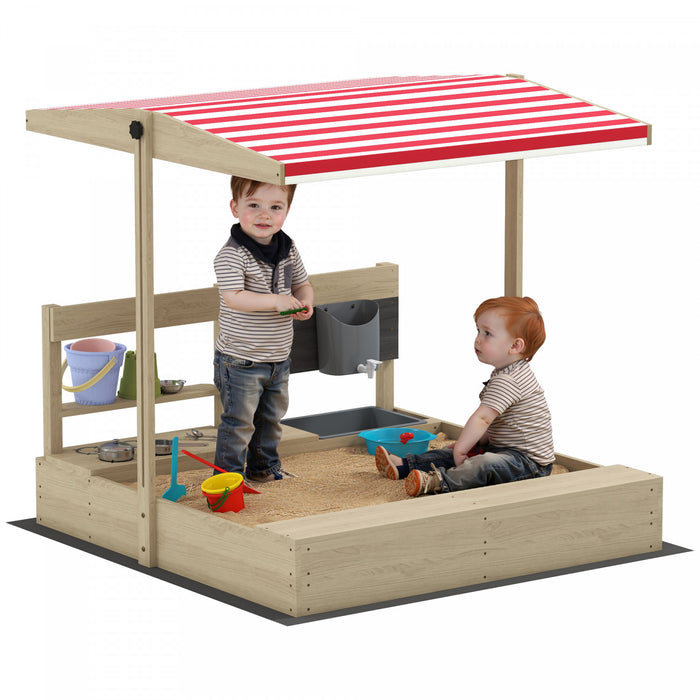 Outsunny Bac a sable pour enfants avec couvercle, bac a sable en bois avec couvercle reglable, siege, jeu de sable en plein air pour les 3 a 7 ans, 45 x 43 x 43 po, bois naturel