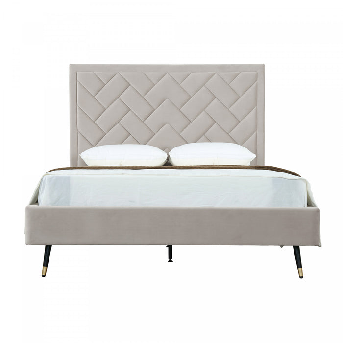 Lit Queen moderne Crosby en velours capitonne, coloris grege