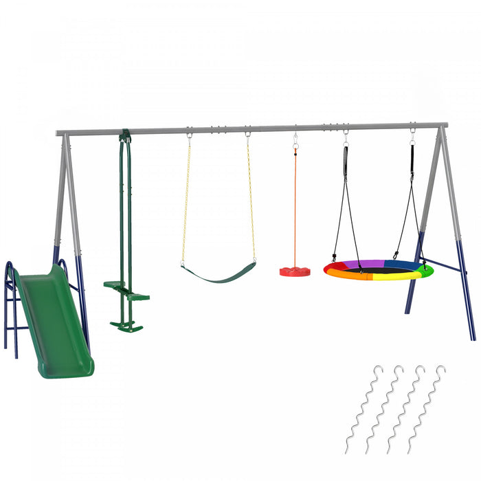 Portique 5-en-1 Qaba pour jardin avec toboggan, capacite 350 kg, multicolore