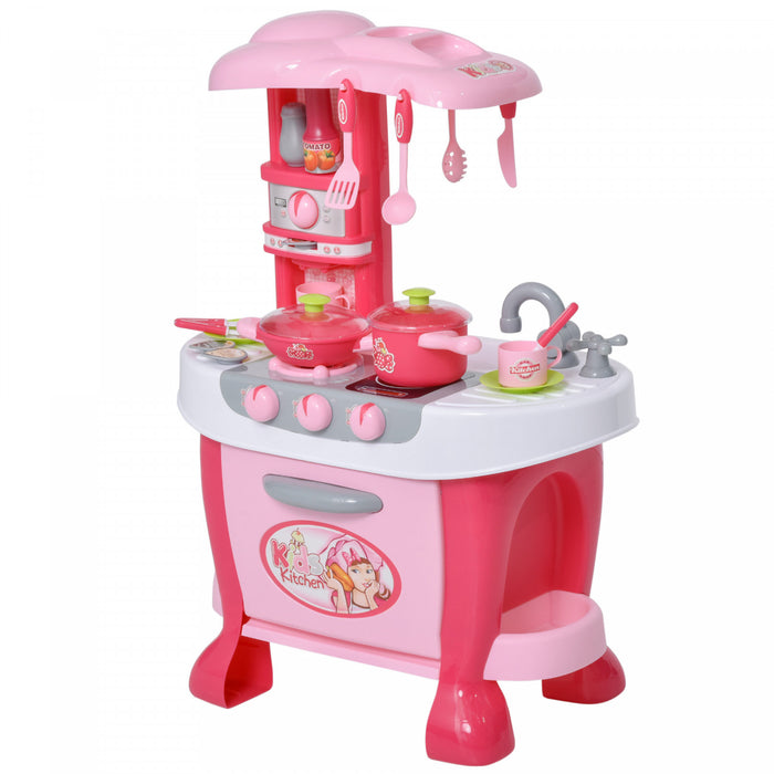 Qaba Kids Kitchen Play Set Pretend Toy Enfants Jeu De Role Avec Fonction Son Et Lumiere 38pcs Accessoires Pour Jouets - Rose