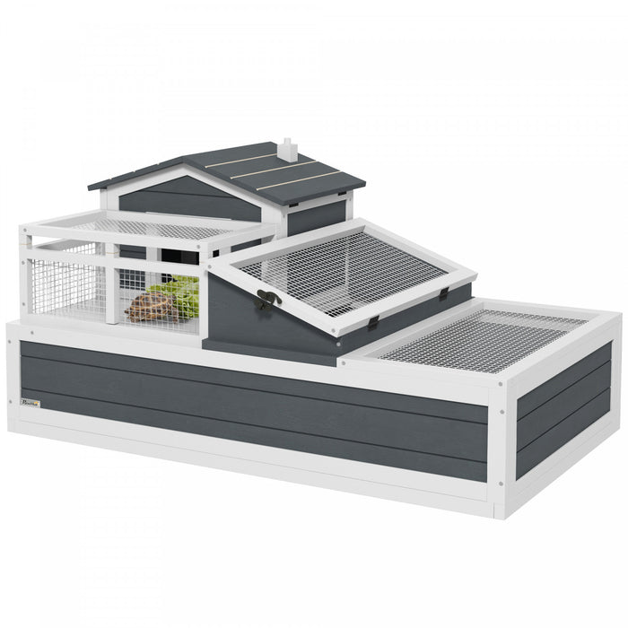 Maison pour tortue en bois avec balcon, rampe et bac, gris