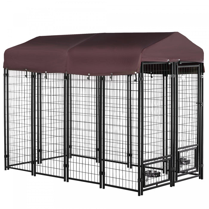 Pawhut Niche D'exterieur Pour Chien, Caisse Verrouillable Pour Parc Pour Animaux De Compagnie, Cloture En Acier Soude, Avec Auvent Resistant A L'eau Et Aux Uv, Supports De Bol Rotatifs, Porte