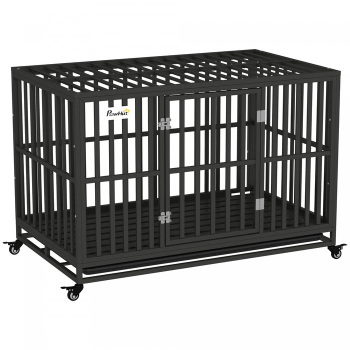Pawhut Cage Pour Chien En Acier Robuste Avec Roulettes Pour La Portabilite Et Une Porte Pour Un Acces Pratique Au Sol Anti-pincement, 49,2\" L X 29,5\" L X 34,6\" H, Noir
