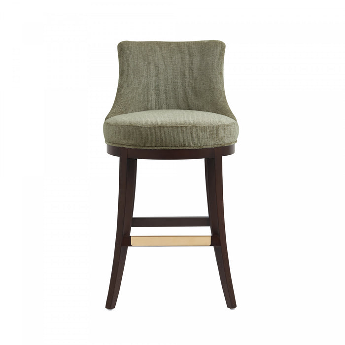 Tabouret de bar moderne en bois Lucia, tapisse de chenille, vert feuille