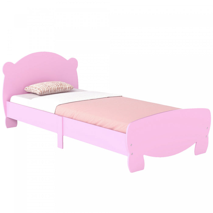 Qaba Cadre de lit double pour enfants, plateforme pour tout-petits avec tete et pied de lit en forme d'ours, support a lattes, pour garcons et filles de 3 a 12 ans, rose