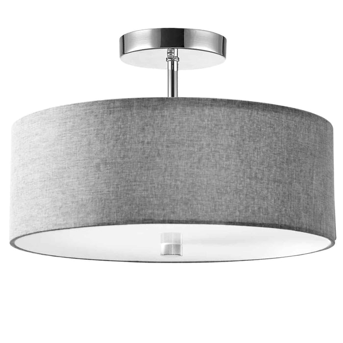 Plafonnier semi-affleuré Everly de Dainolite avec abat-jour gris, fini chromé poli et 3 ampoules