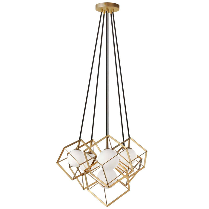 Luminaire suspendu Thomson de Dainolite en verre blanc opale, avec fini doré et 6 ampoules