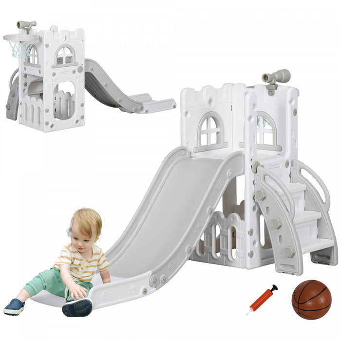 Qaba Toboggan 4 En 1 Pour Enfants Ages De 1 A 3 Ans Avec Panier De Basket, Grimpeur, Telescope, Panier De Rangement, Pour Usage Interieur, Gris