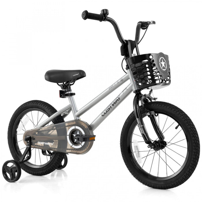 Costway 16\" Velo Pour Enfants Avec Roues D'entrainement Guidon Reglable Et Frein A Main De Siege Argent