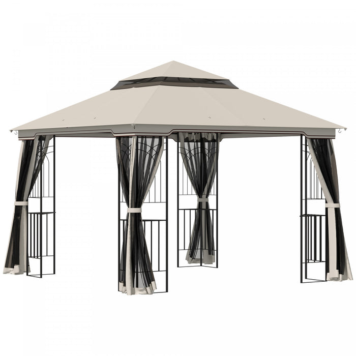 Outsunny 10' X 10' Tonnelle Pavillon Jardin Patio Terrasse Gazebo Exterieur Double Toit Avec Parois Laterales En Maille Amovibles, Etageres, Crochets Superieurs, Beige
