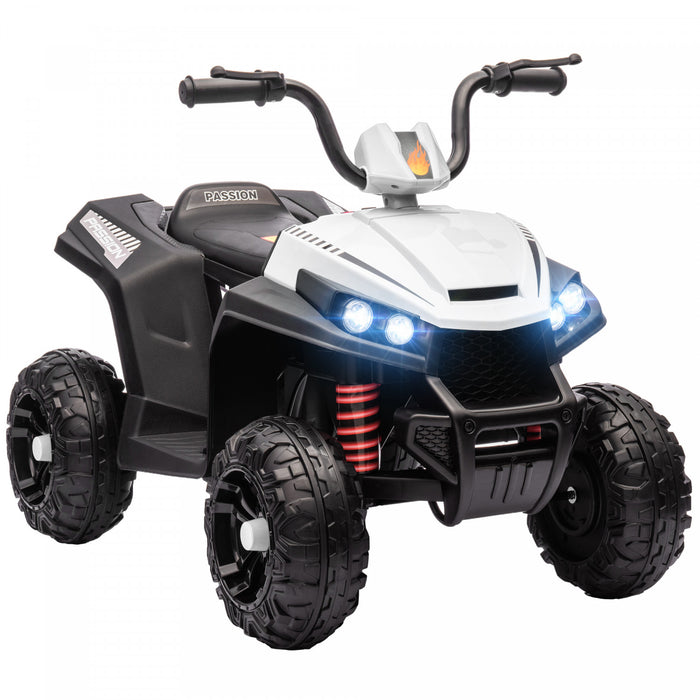Qaba Voiture Electrique 12 V Pour Enfants, Quad Pour Enfants Alimente Par Batterie Avec Suspension A Ressorts A Quatre Roues, Avant Et Arriere, Lumiere Led, Mp3, Musique, Blanc