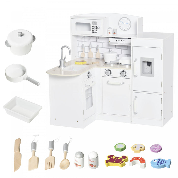 Qaba Jouets De Cuisine Pour Enfants Jeu De Role Avec Abreuvoir, Micro-ondes Et Refrigerateur Avec Accessoires - Blanc