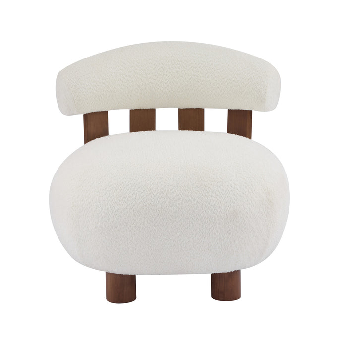 Nube Fauteuil d'Appoint Moderne en Bouclette a Dossier Courbe et Quatre Pieds, Blanc Casse, Noyer