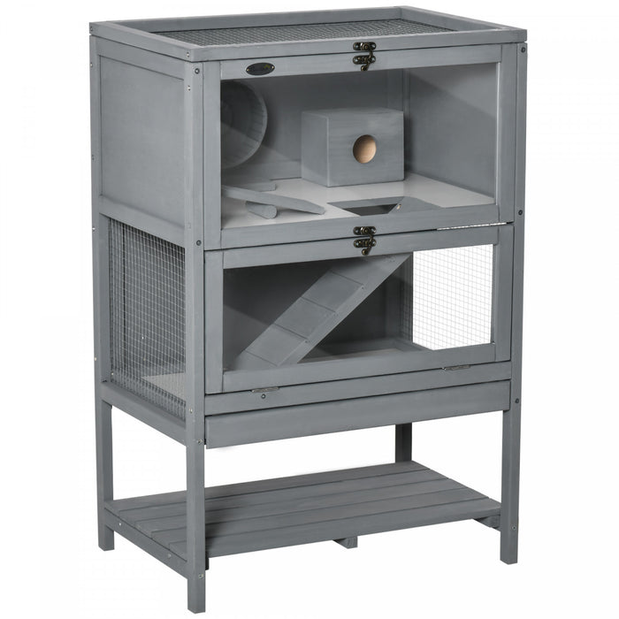 Pawhut Cage En Bois Pour Hamsters, Cage Pour Souris Et Rongeurs, Maison D'exercice A 2 Niveaux, Avec Etagere De Rangement, Plateau Coulissant, Scie, Roue De Course, Toit Verrouillable