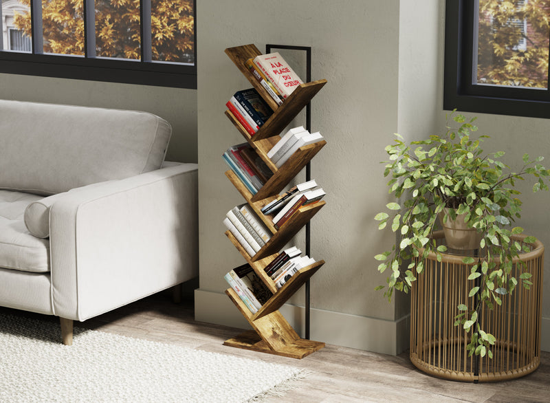 Bibliothèque de 46 po de style arbre avec 8 tablettes - bois recyclé brun avec métal noir