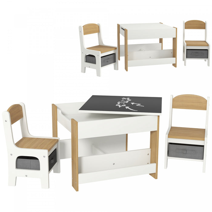 Qaba Ensemble Table Et Chaises 3 Pieces Pour Enfants, Ensemble Table Et Chaises 2 En 1 Avec Plateau Reversible, Tableau Noir, Rangement, Etageres, Pour Salle De Jeux, Creche, Salle De Classe, Gris